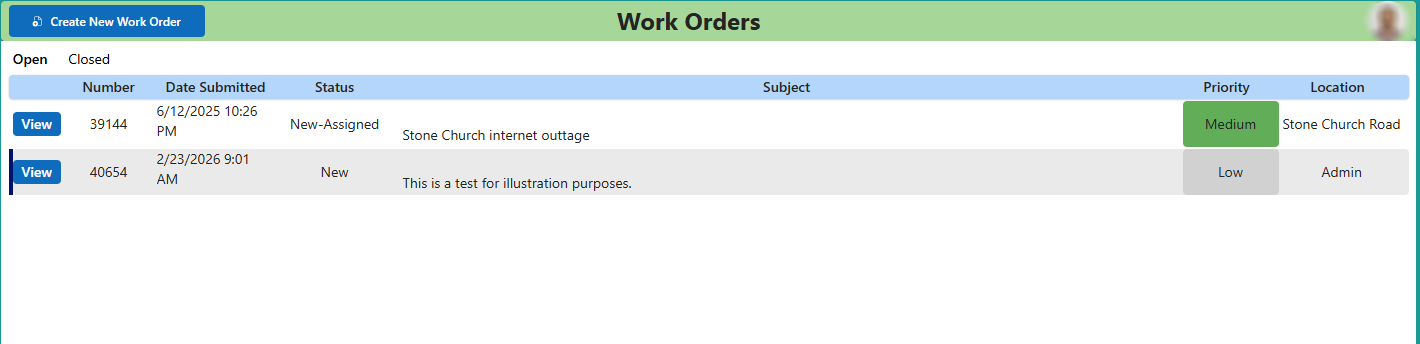 Dashboard of the work order system showing open work orders.